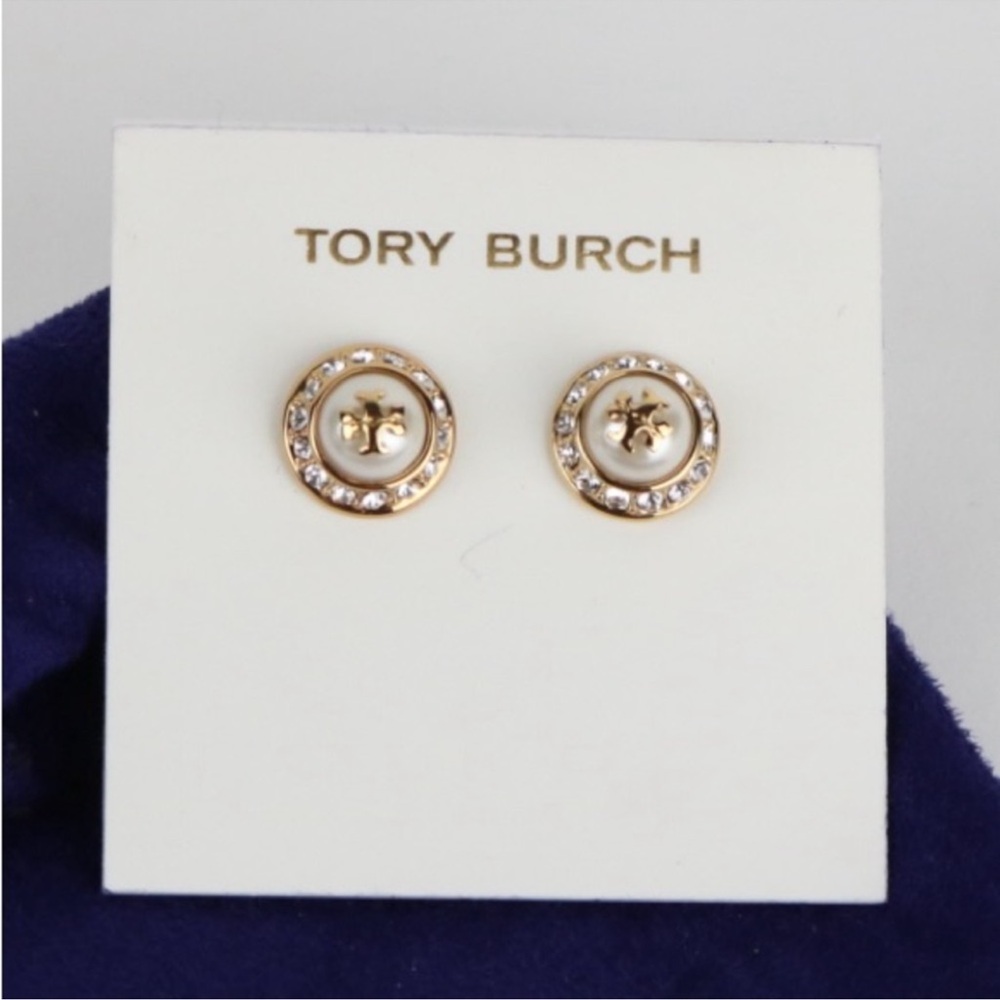 Tory Burch Gold and White Crystal Stud Earrings